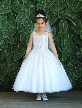 Girls Long Lace Applique Dress with Glitter Skirt by Calla KY221