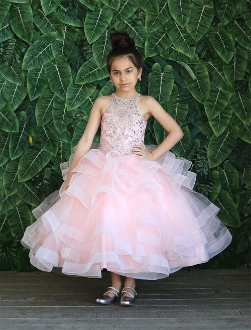 Girls Long Layered Dress with Beaded Bodice by Calla KY217