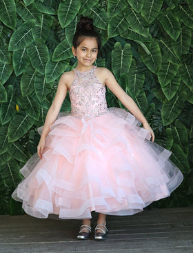 Girls Long Layered Dress with Beaded Bodice by Calla KY217