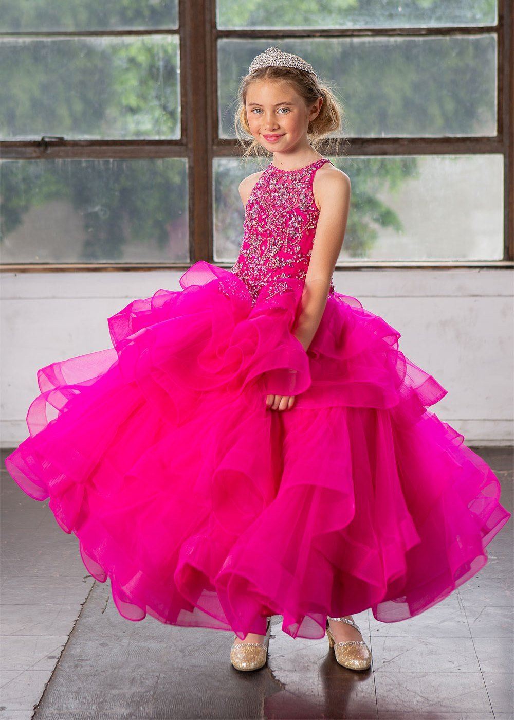 Girls Long Layered Dress with Beaded Bodice by Calla KY217