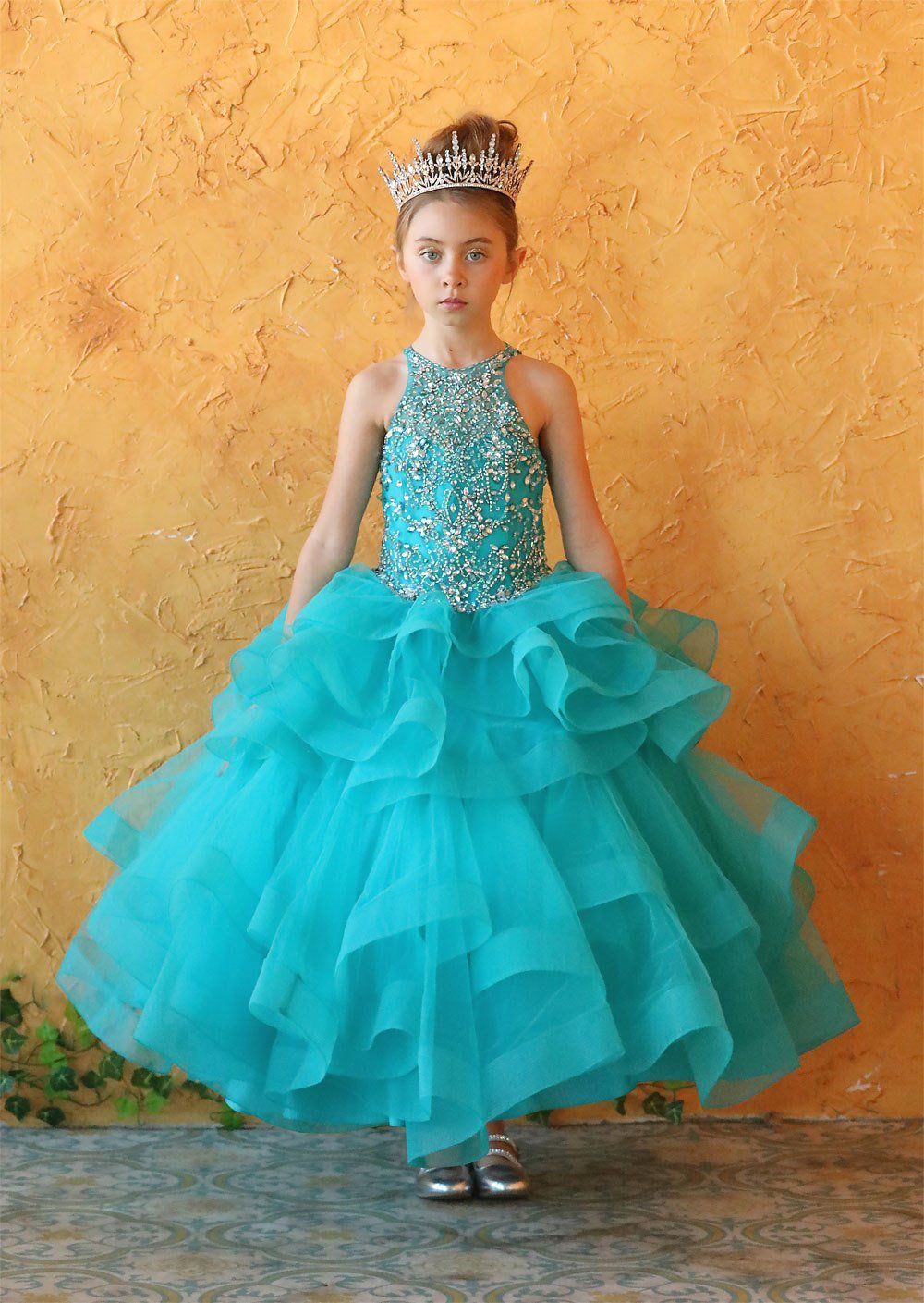 Girls Long Layered Dress with Beaded Bodice by Calla KY217