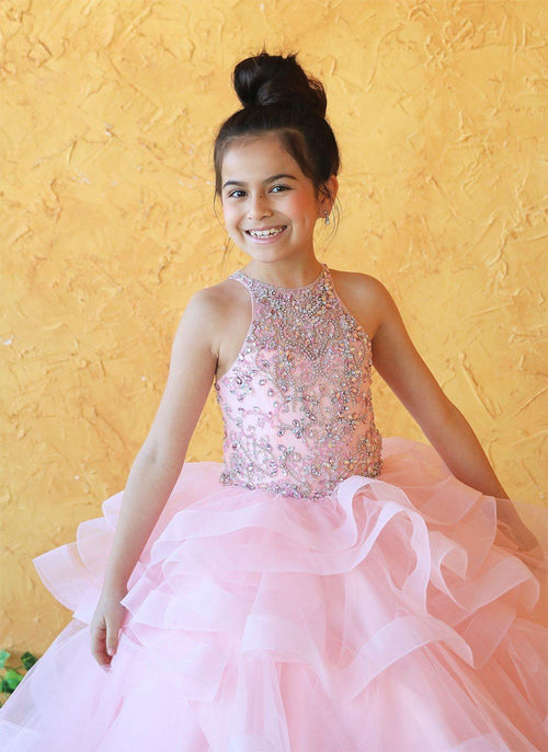 Girls Long Layered Dress with Beaded Bodice by Calla KY217