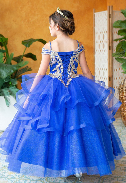 Girls Long Off Shoulder Dress with Glitter Skirt by Calla KY223