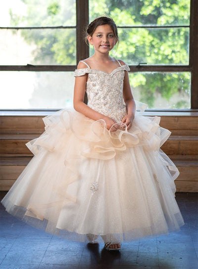 Girls Long Off Shoulder Dress with Glitter Skirt by Calla KY223-Girls Formal Dresses-ABC Fashion