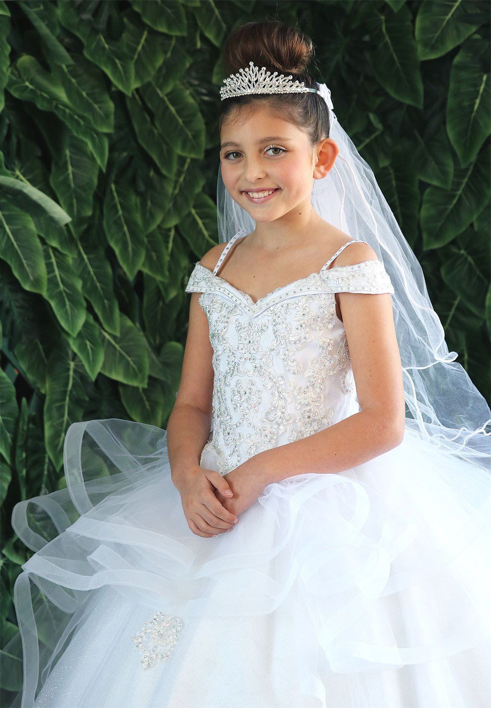 Girls Long Off Shoulder Dress with Glitter Skirt by Calla KY223