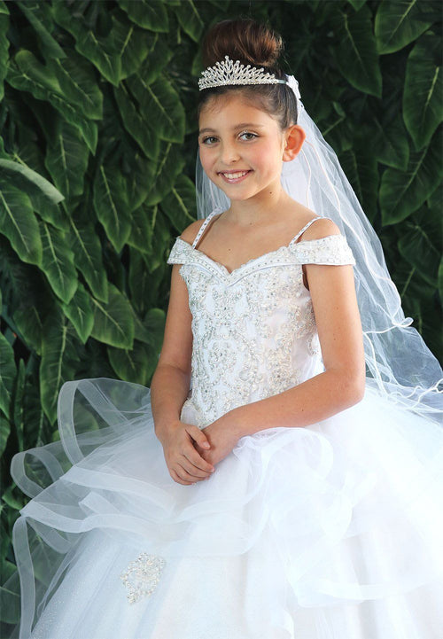 Girls Long Off Shoulder Dress with Glitter Skirt by Calla KY223