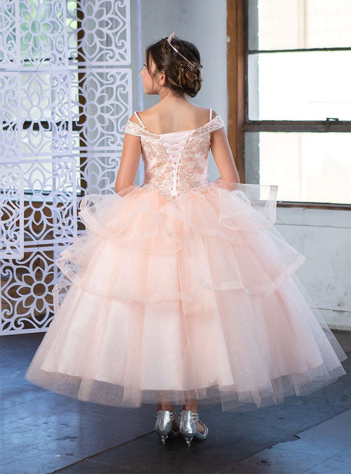 Girls Long Off Shoulder Dress with Glitter Skirt by Calla KY223