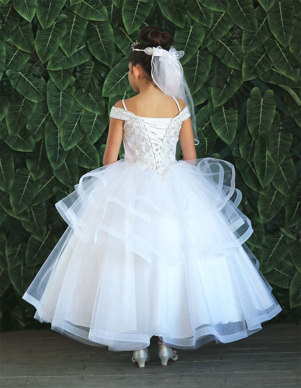 Girls Long Off Shoulder Dress with Glitter Skirt by Calla KY223