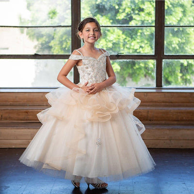 Girls Long Off Shoulder Dress with Glitter Skirt by Calla KY223