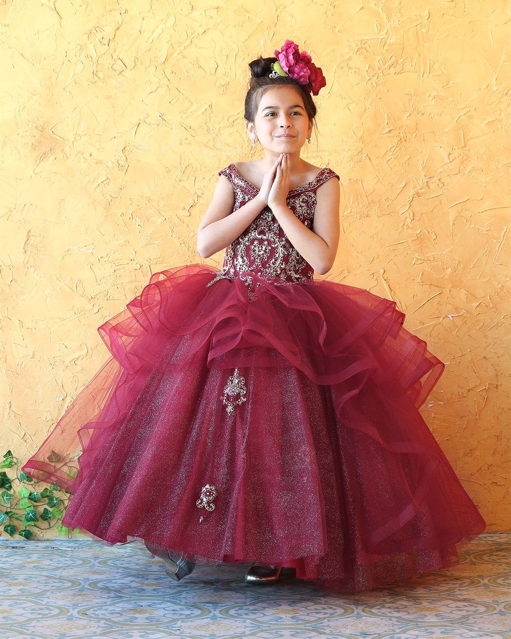 Girls Long Off Shoulder Dress with Glitter Skirt by Calla KY223