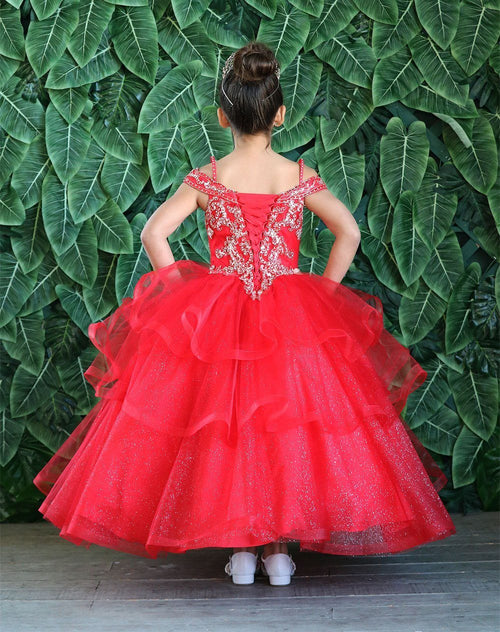 Girls Long Off Shoulder Dress with Glitter Skirt by Calla KY223