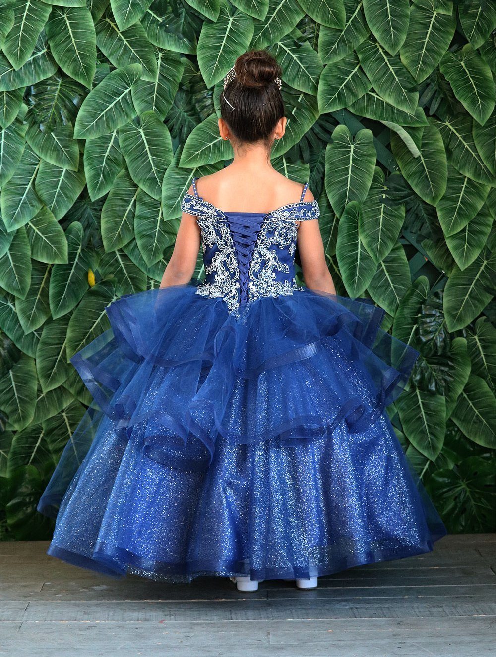 Girls Long Off Shoulder Dress with Glitter Skirt by Calla KY223