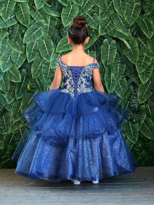 Girls Long Off Shoulder Dress with Glitter Skirt by Calla KY223