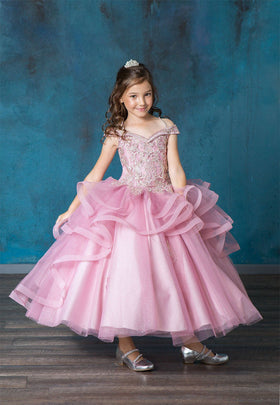 Girls Long Off Shoulder Dress with Glitter Skirt by Calla KY223