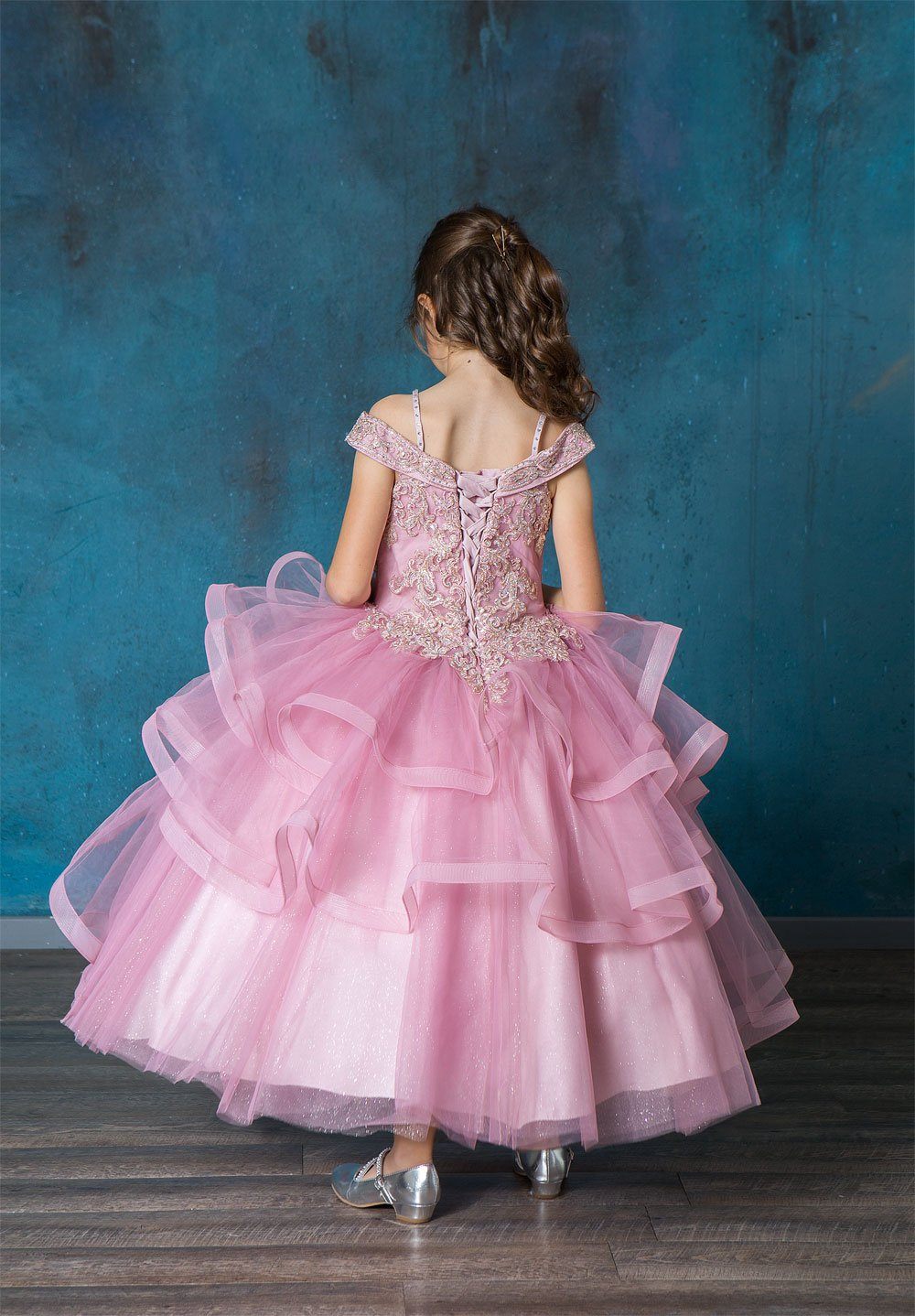 Girls Long Off Shoulder Dress with Glitter Skirt by Calla KY223