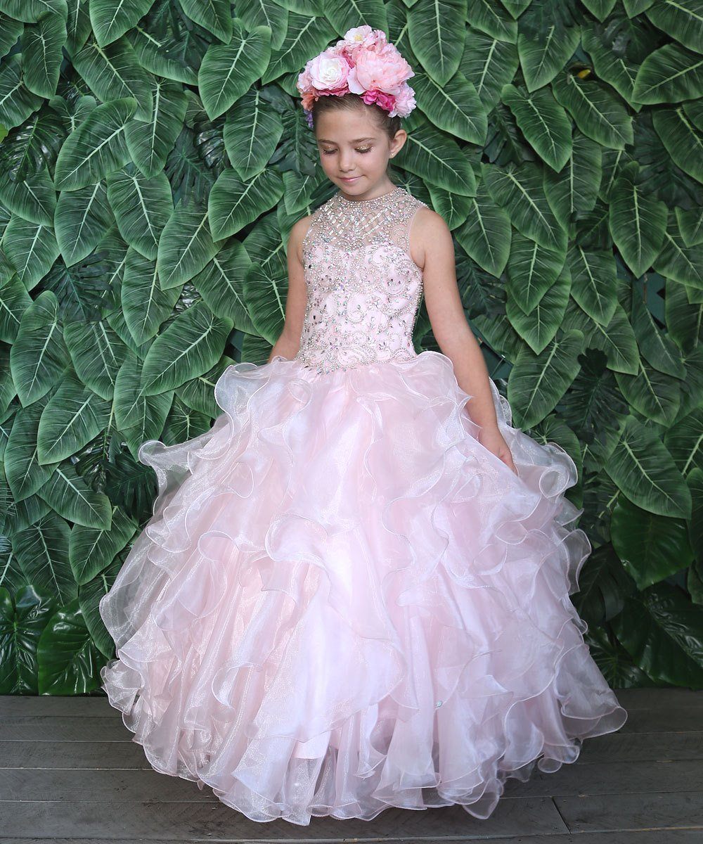 Girls Long Ruffled Dress with Beaded Bodice by Calla KY213