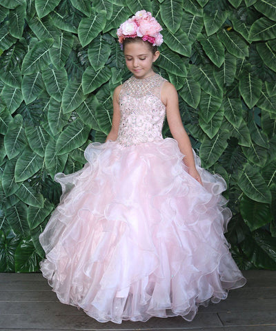 Girls Long Ruffled Dress with Beaded Bodice by Calla KY213
