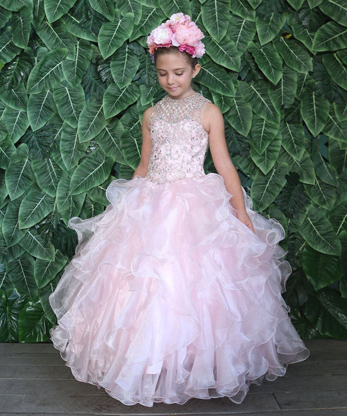 Girls Long Ruffled Dress with Beaded Bodice by Calla KY213