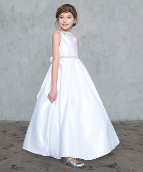 Calla D786 Girls' Long Sleeveless Satin Dress with Beaded Top