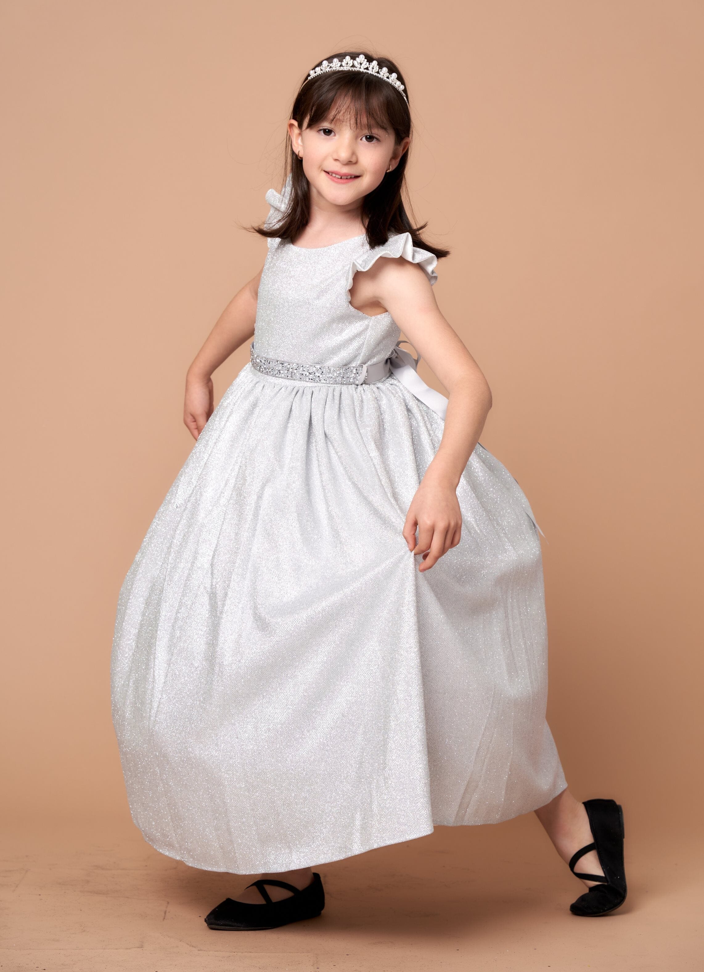Girls Metallic Glitter Short Sleeve Gown by Calla D828