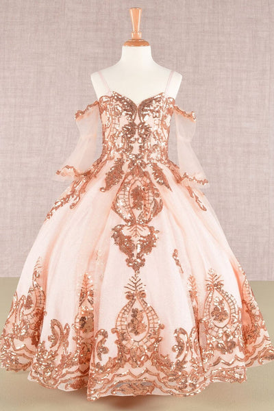 Girls Sequin Print Bell Sleeve Gown by Elizabeth K GK104 - 2 / Champagne/Rose Gold - Girls Formal Dresses