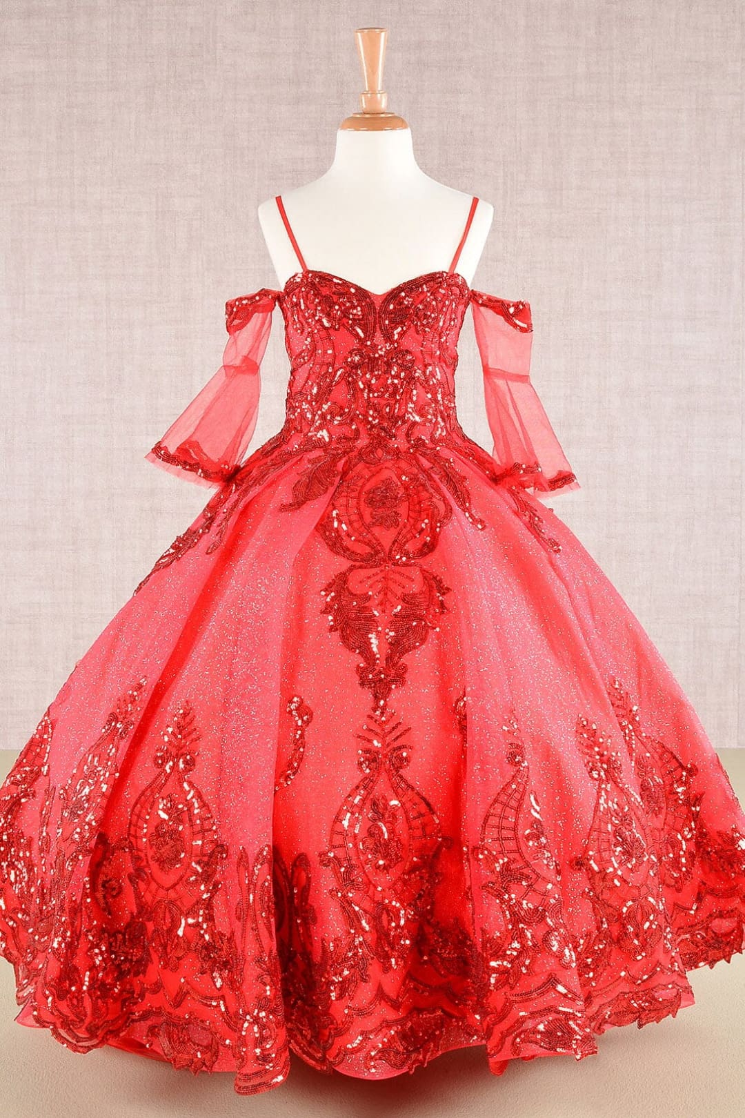 Girls Sequin Print Bell Sleeve Gown by Elizabeth K GK104 - 2 / Red - Girls Formal Dresses