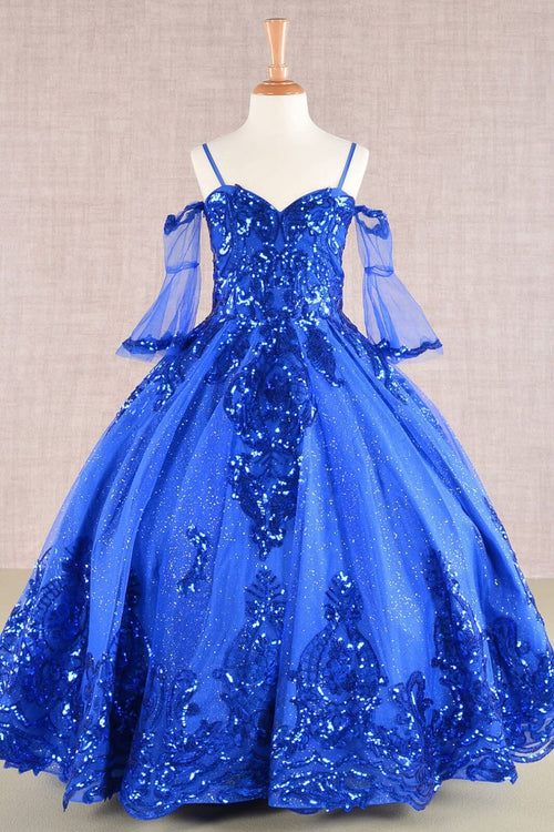 Girls Sequin Print Bell Sleeve Gown by Elizabeth K GK104 - 2 / Royal Blue - Girls Formal Dresses