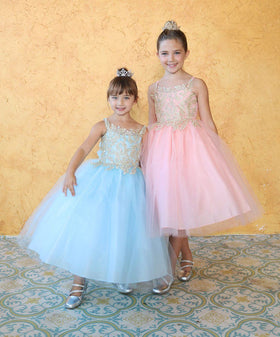 Calla D778 Girls Sleeveless Tulle Dress with Leaf Lace Appliques