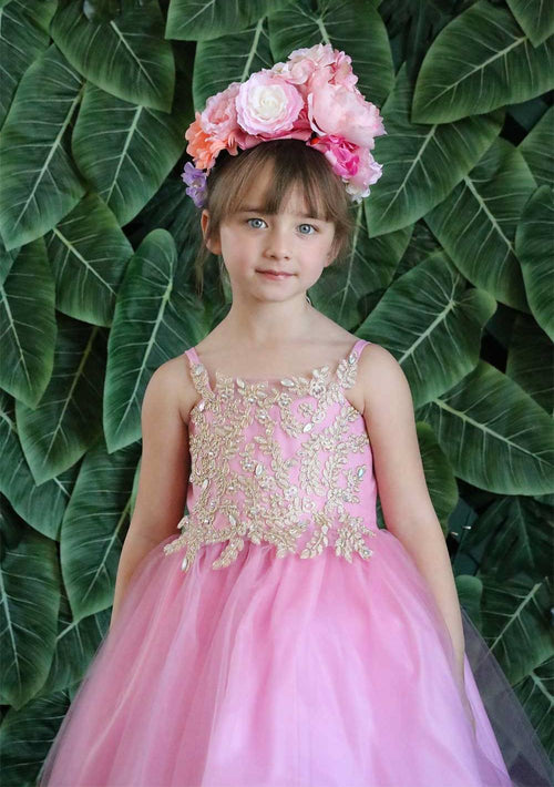 Girls Sleeveless Tulle Dress with Leaf Appliques by Calla D778-Girls Formal Dresses-ABC Fashion