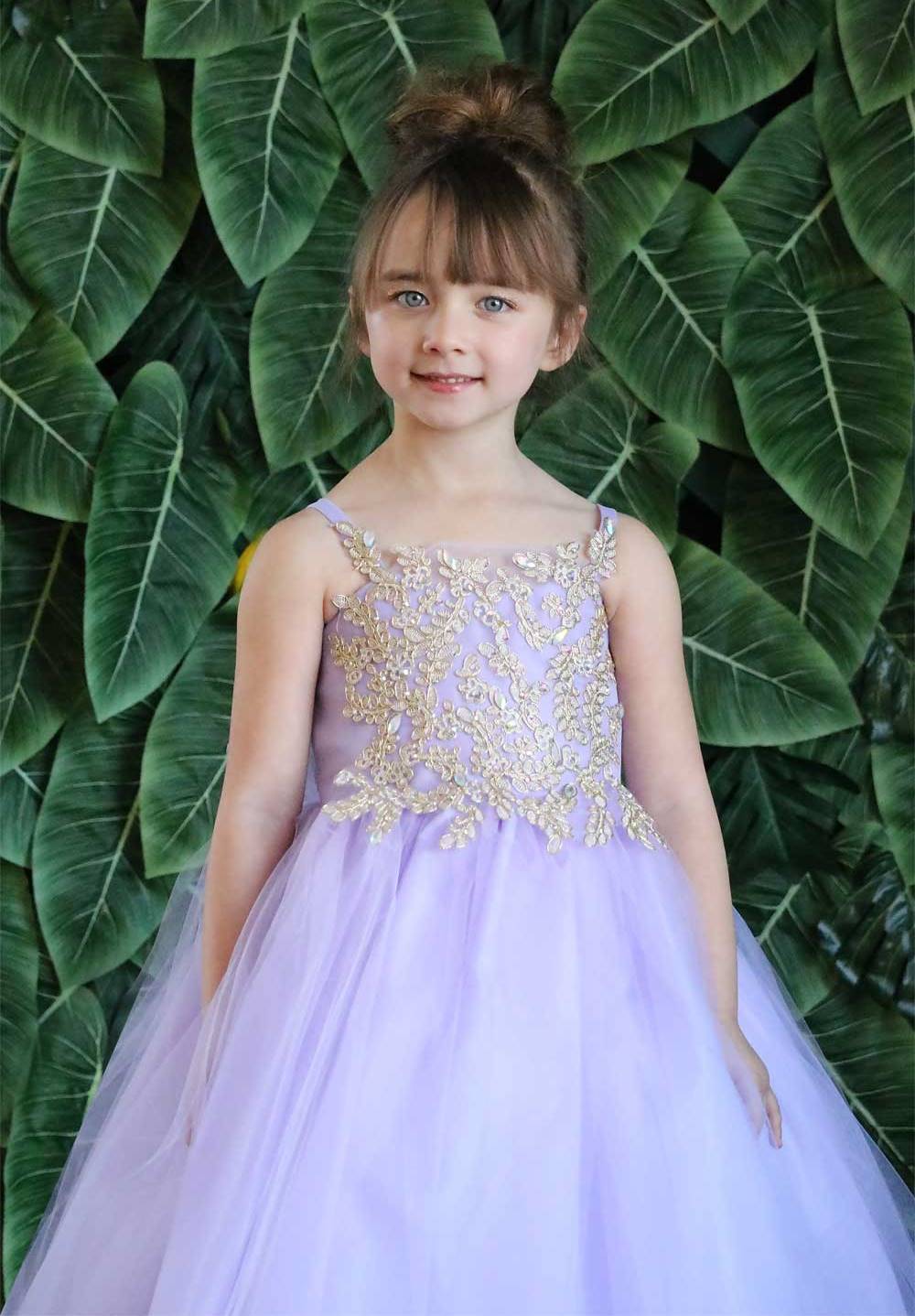 Girls Sleeveless Tulle Dress with Leaf Appliques by Calla D778-Girls Formal Dresses-ABC Fashion
