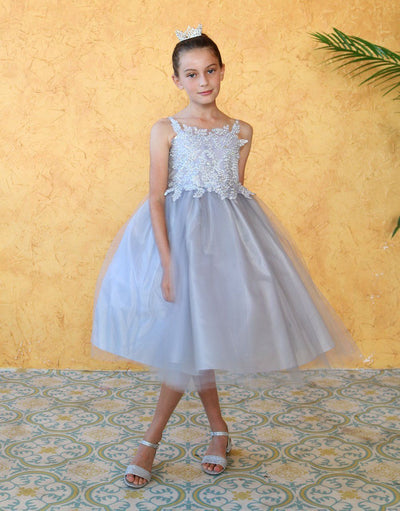 Girls Sleeveless Tulle Dress with Leaf Appliques by Calla D778-Girls Formal Dresses-ABC Fashion