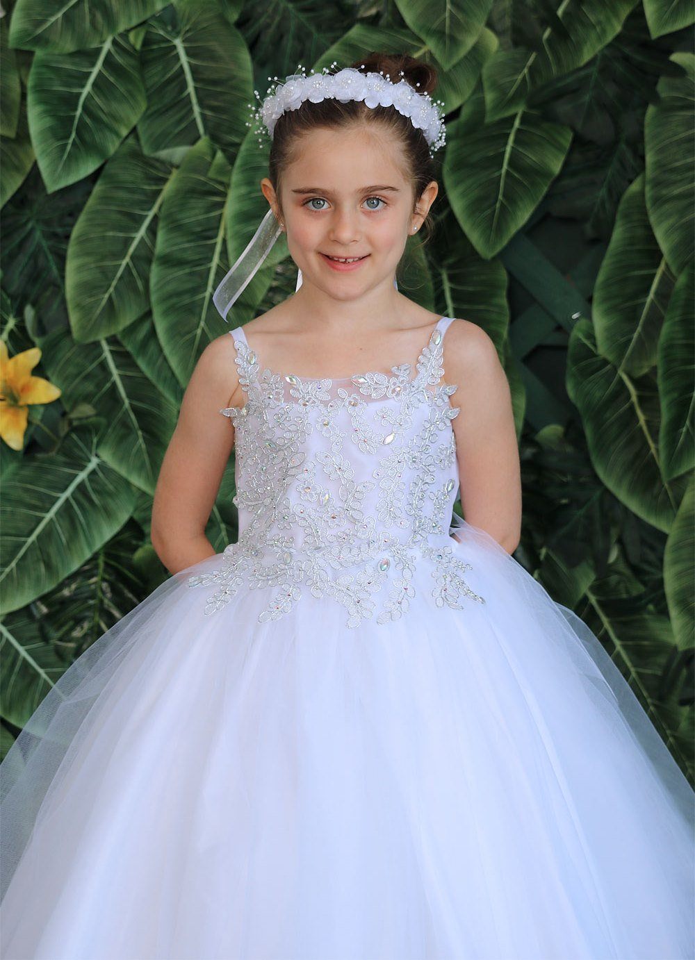 Girls Sleeveless Tulle Dress with Leaf Appliques by Calla D778-Girls Formal Dresses-ABC Fashion