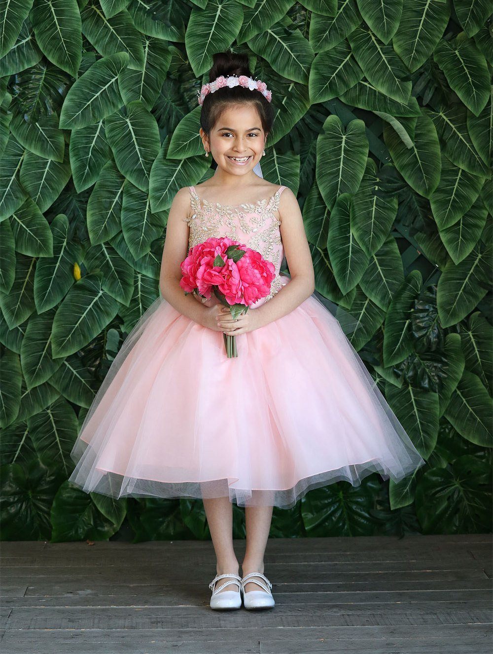 Girls Sleeveless Tulle Dress with Leaf Appliques by Calla D778-Girls Formal Dresses-ABC Fashion