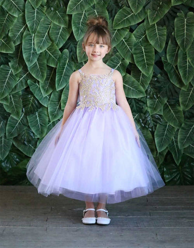 Calla D778 Girls Sleeveless Tulle Dress with Leaf Lace Appliques