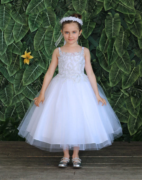 Calla D778 Girls Sleeveless Tulle Dress with Leaf Lace Appliques