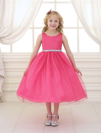 Girls Tea Length Tulle Dress with Beaded Waistline-Girls Formal Dresses-ABC Fashion