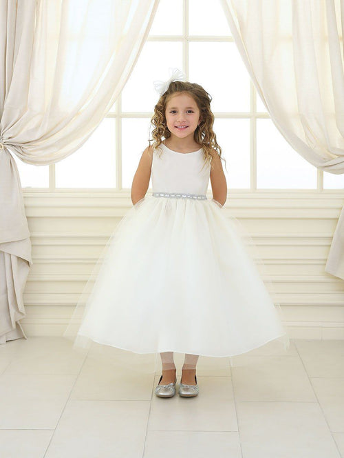Girls Tea Length Tulle Dress with Beaded Waistline-Girls Formal Dresses-ABC Fashion