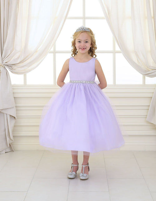 Girls Tea Length Tulle Dress with Beaded Waistline-Girls Formal Dresses-ABC Fashion