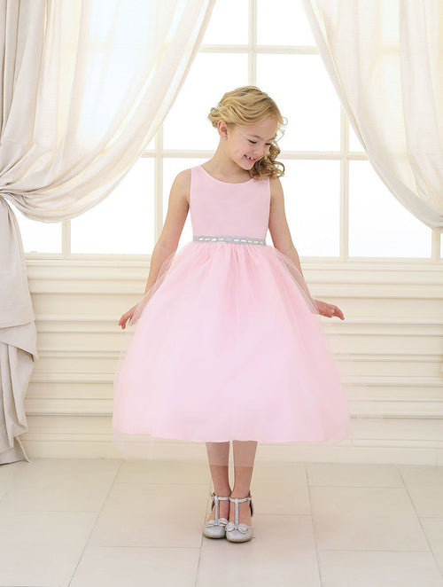 Girls Tea Length Tulle Dress with Beaded Waistline-Girls Formal Dresses-ABC Fashion