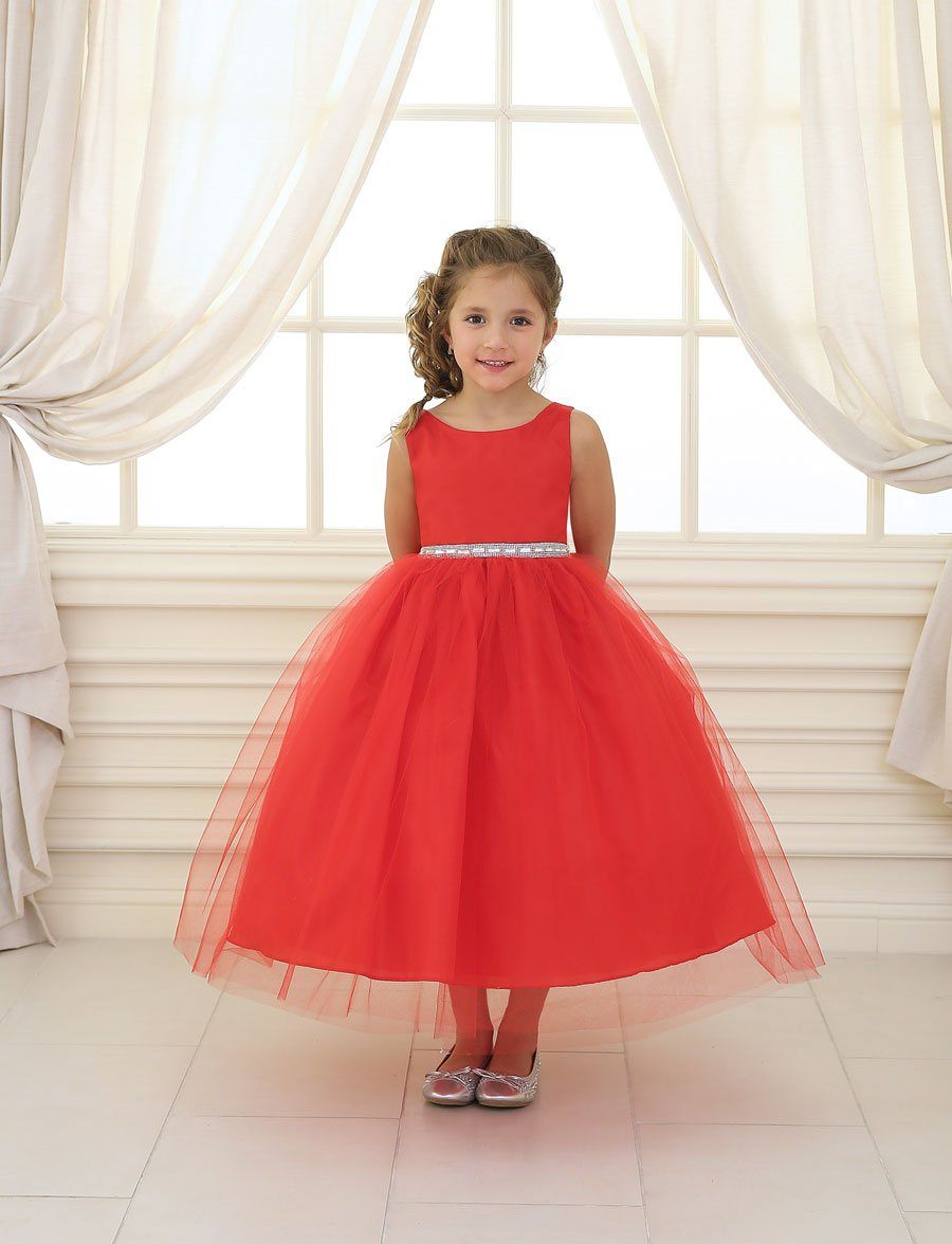 Girls Tea Length Tulle Dress with Beaded Waistline-Girls Formal Dresses-ABC Fashion