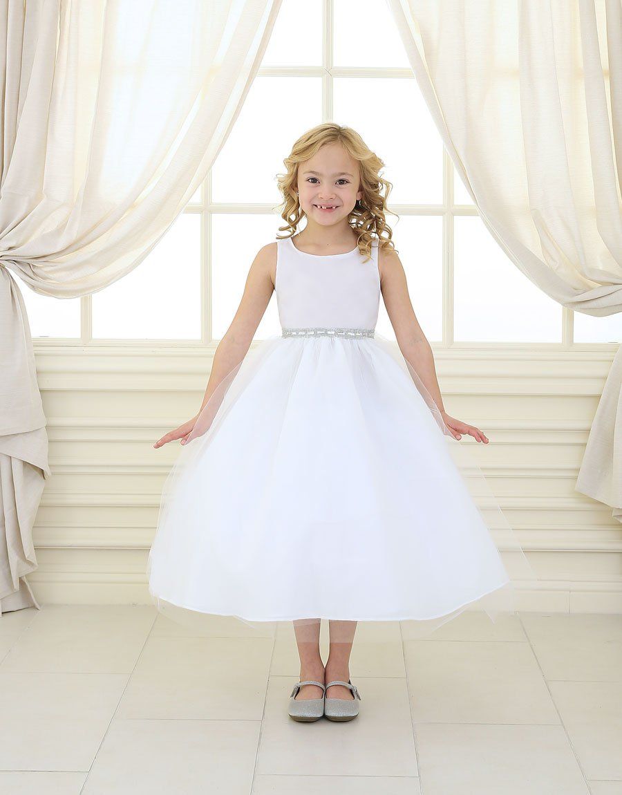 Girls Tea Length Tulle Dress with Beaded Waistline-Girls Formal Dresses-ABC Fashion
