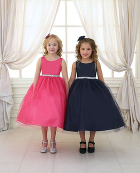 Calla D754 Girls Tea Length Tulle Dress with Beaded Waistline