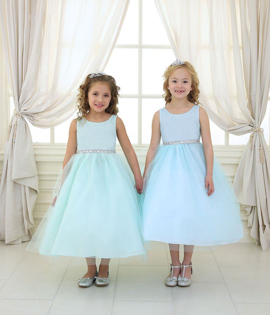 Calla CD754 Girls Tea Length Tulle Dress with Beaded Waistline