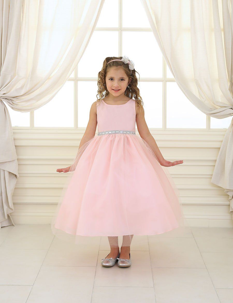 Calla CD754 Girls Tea Length Tulle Dress with Beaded Waistline