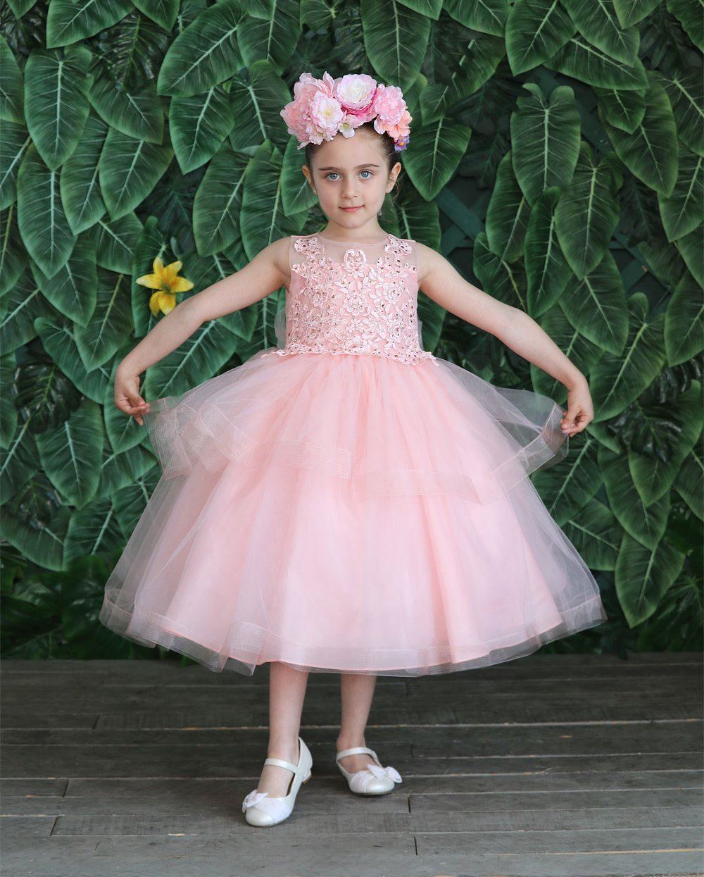 Girls Tea Length Tulle Dress with Embroidered Bodice by Calla D792
