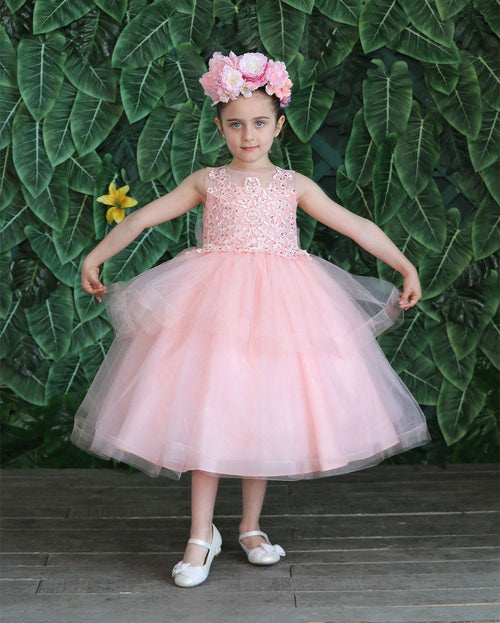 Girls Tea Length Tulle Dress with Embroidered Bodice by Calla D792