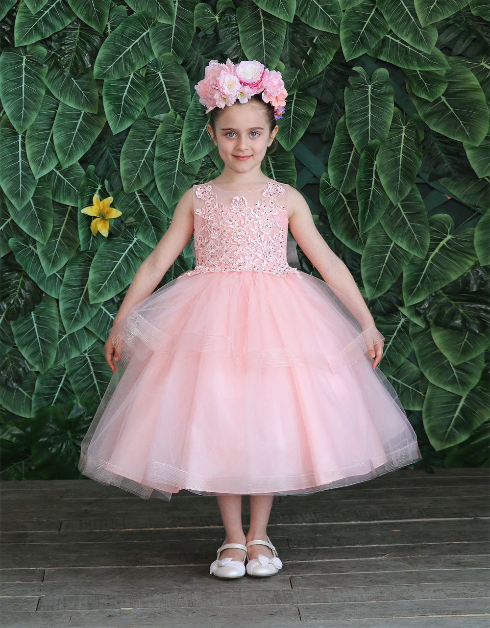 Girls Tea Length Tulle Dress with Embroidered Bodice by Calla D792-Girls Formal Dresses-ABC Fashion