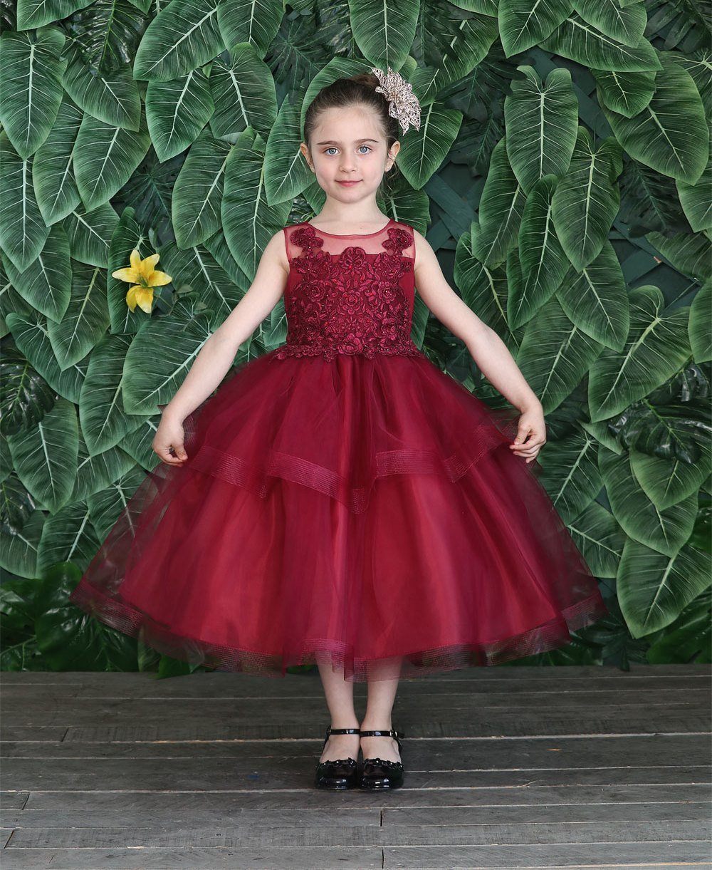 Girls Tea Length Tulle Dress with Embroidered Bodice by Calla D792-Girls Formal Dresses-ABC Fashion