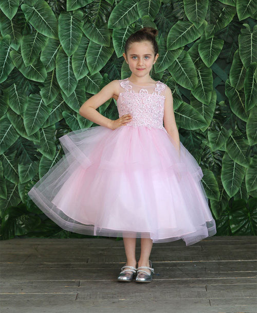 Girls Tea Length Tulle Dress with Embroidered Bodice by Calla D792-Girls Formal Dresses-ABC Fashion