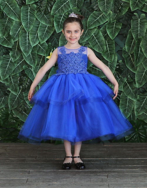 Girls Tea Length Tulle Dress with Embroidered Bodice by Calla D792-Girls Formal Dresses-ABC Fashion